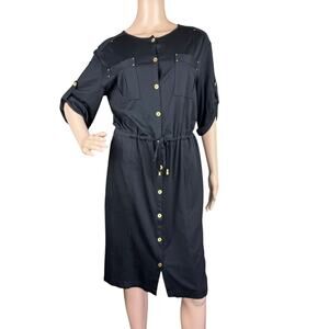 St. John Spa Black Jersey Button Front Blouson Dress P